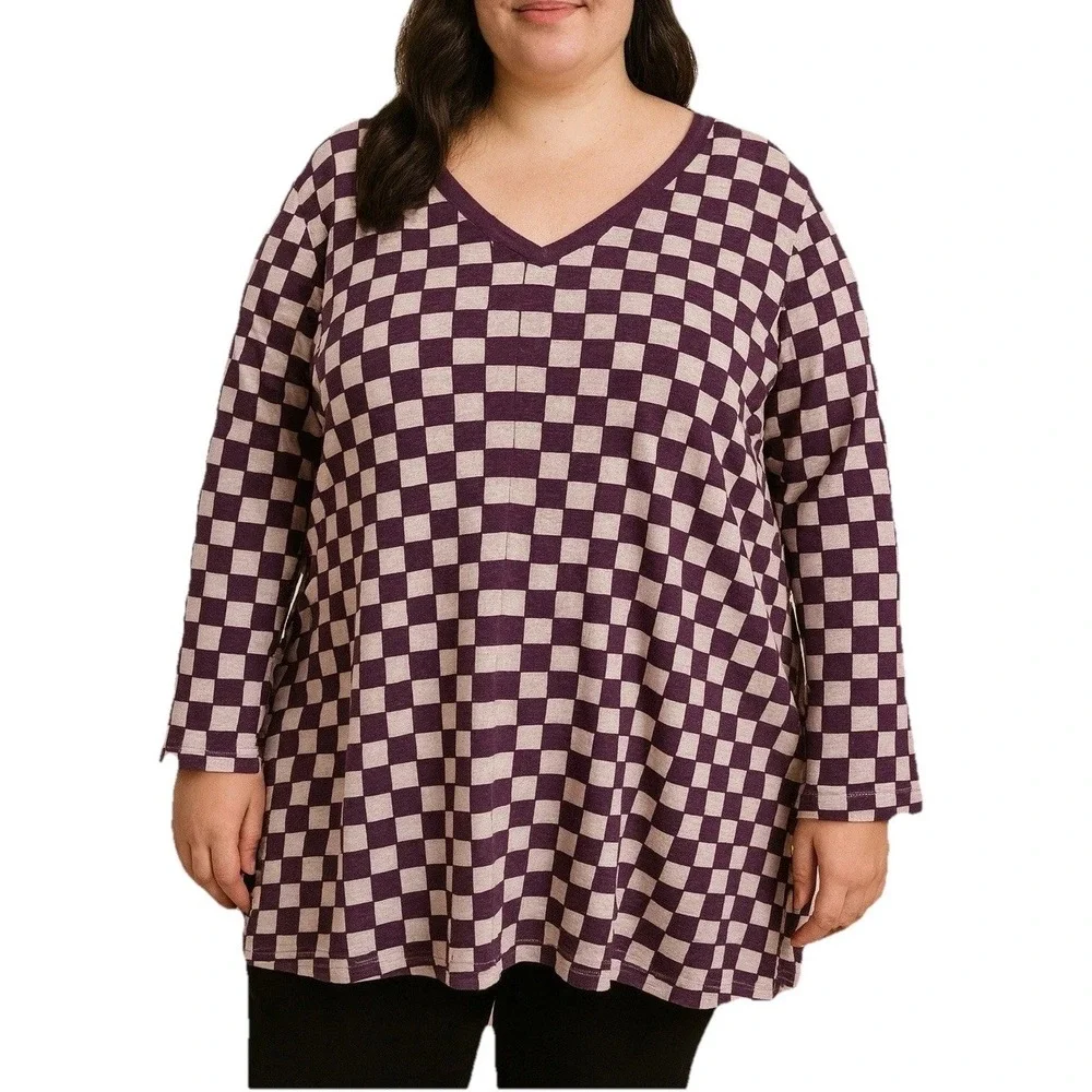 SONOMA Women Burgundy Plaid Long V-neck Sleeve‎ The Everyday Tee Shirt Top 2X